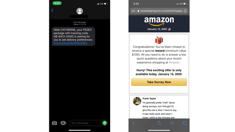 You can see what the scam text looks like on the left, and the web page you get sent to if you click the link on the right.